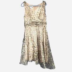 Patra Vintage Dress 14 Brown Gold Leopard Sleeveless Ruched A Line Festive Party